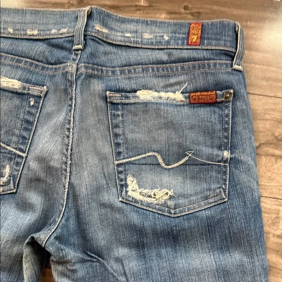 7 For All Mankind Distressed Blue Boot Cut Jeans - Picture 2 of 4